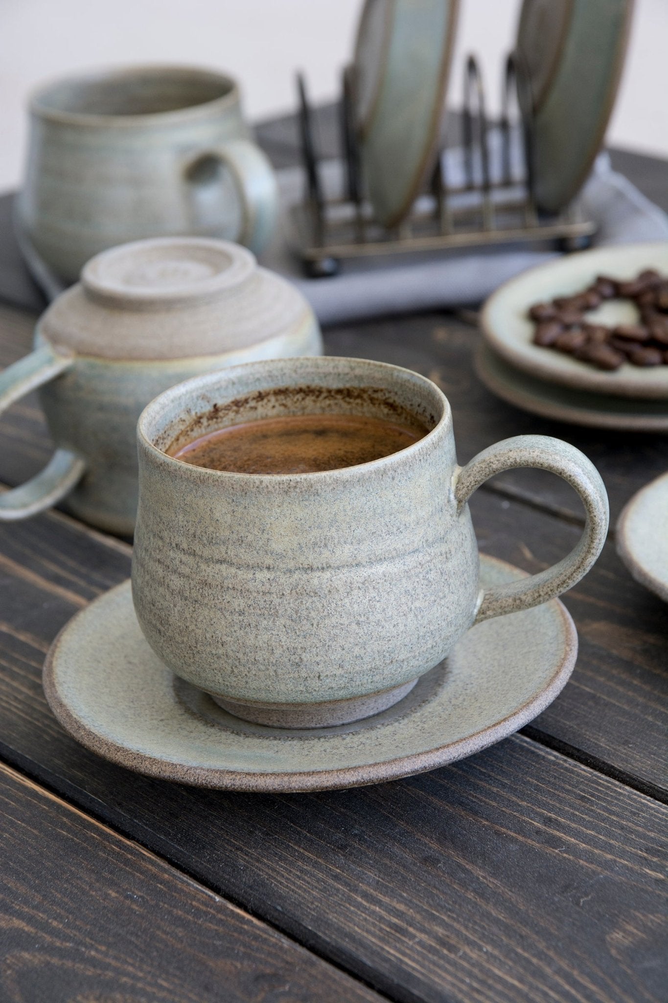 4 Ceramic Tea Cups With Large Saucers Handmade Cappuccino Cups 
