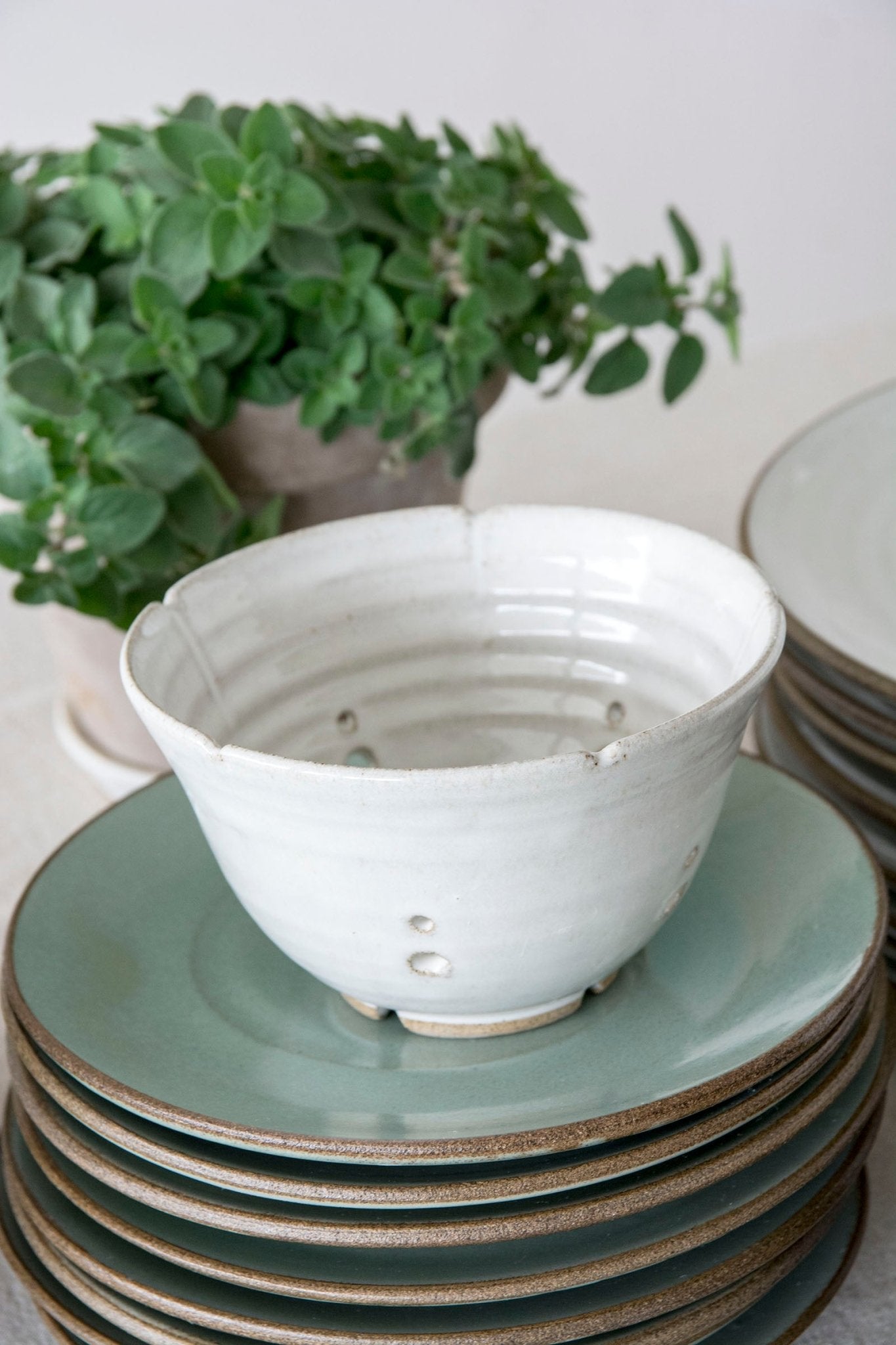 Hand thrown Berry Bowl hot Colander browns reds greens and blues Avior