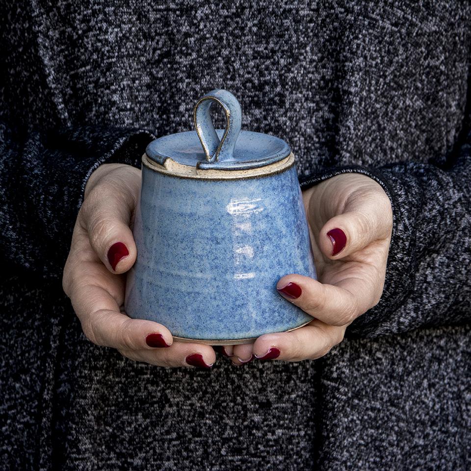 Matte Blue Glaze Cherokee Pottery Sugar & newest Creamer with Pottery Handled Tray