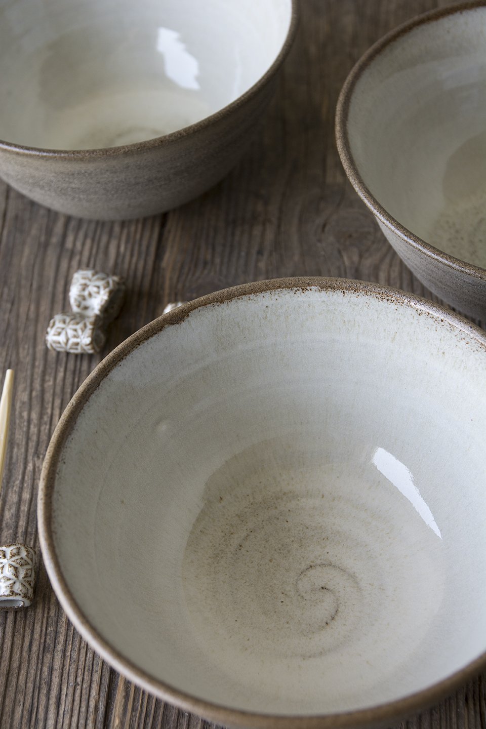 Setting for two handmade stoneware popular lunch plates and ramen bowls